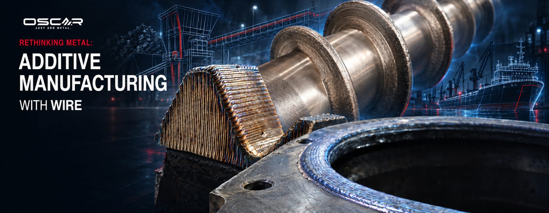 Wire additive manufacturing for motor block repair, recycling components and screw shafts